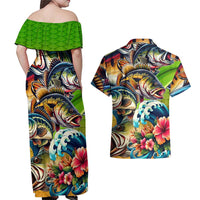 Bass Fishing Couples Matching Off Shoulder Maxi Dress and Hawaiian Shirt Tropical Explosion Angler Design - Wonder Print Shop