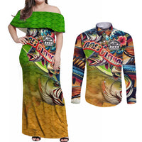 Bass Fishing Couples Matching Off Shoulder Maxi Dress and Long Sleeve Button Shirt Tropical Explosion Angler Design - Wonder Print Shop