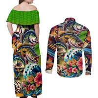 Bass Fishing Couples Matching Off Shoulder Maxi Dress and Long Sleeve Button Shirt Tropical Explosion Angler Design - Wonder Print Shop