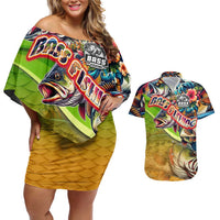 Bass Fishing Couples Matching Off Shoulder Short Dress and Hawaiian Shirt Tropical Explosion Angler Design - Wonder Print Shop