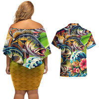 Bass Fishing Couples Matching Off Shoulder Short Dress and Hawaiian Shirt Tropical Explosion Angler Design - Wonder Print Shop