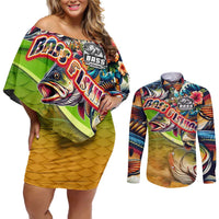 Bass Fishing Couples Matching Off Shoulder Short Dress and Long Sleeve Button Shirt Tropical Explosion Angler Design - Wonder Print Shop