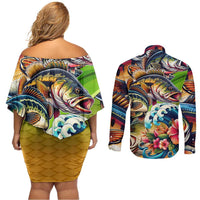 Bass Fishing Couples Matching Off Shoulder Short Dress and Long Sleeve Button Shirt Tropical Explosion Angler Design - Wonder Print Shop