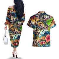 Bass Fishing Couples Matching Off The Shoulder Long Sleeve Dress and Hawaiian Shirt Tropical Explosion Angler Design - Wonder Print Shop