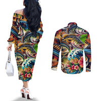 Bass Fishing Couples Matching Off The Shoulder Long Sleeve Dress and Long Sleeve Button Shirt Tropical Explosion Angler Design - Wonder Print Shop