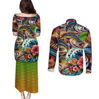 Bass Fishing Couples Matching Puletasi and Long Sleeve Button Shirt Tropical Explosion Angler Design - Wonder Print Shop