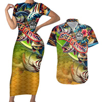 Bass Fishing Couples Matching Short Sleeve Bodycon Dress and Hawaiian Shirt Tropical Explosion Angler Design - Wonder Print Shop