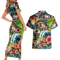 Bass Fishing Couples Matching Short Sleeve Bodycon Dress and Hawaiian Shirt Tropical Explosion Angler Design - Wonder Print Shop