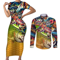 Bass Fishing Couples Matching Short Sleeve Bodycon Dress and Long Sleeve Button Shirt Tropical Explosion Angler Design - Wonder Print Shop
