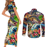 Bass Fishing Couples Matching Short Sleeve Bodycon Dress and Long Sleeve Button Shirt Tropical Explosion Angler Design - Wonder Print Shop