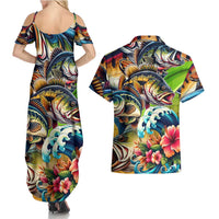 Bass Fishing Couples Matching Summer Maxi Dress and Hawaiian Shirt Tropical Explosion Angler Design - Wonder Print Shop