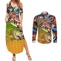 Bass Fishing Couples Matching Summer Maxi Dress and Long Sleeve Button Shirt Tropical Explosion Angler Design - Wonder Print Shop