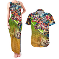 Bass Fishing Couples Matching Tank Maxi Dress and Hawaiian Shirt Tropical Explosion Angler Design - Wonder Print Shop