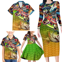 Bass Fishing Family Matching Long Sleeve Bodycon Dress and Hawaiian Shirt Tropical Explosion Angler Design - Wonder Print Shop