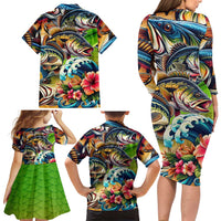 Bass Fishing Family Matching Long Sleeve Bodycon Dress and Hawaiian Shirt Tropical Explosion Angler Design - Wonder Print Shop