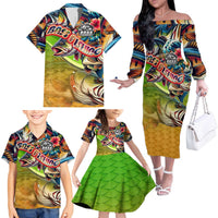 Bass Fishing Family Matching Off The Shoulder Long Sleeve Dress and Hawaiian Shirt Tropical Explosion Angler Design - Wonder Print Shop