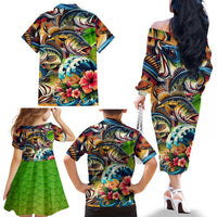Bass Fishing Family Matching Off The Shoulder Long Sleeve Dress and Hawaiian Shirt Tropical Explosion Angler Design - Wonder Print Shop