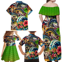 Bass Fishing Family Matching Off Shoulder Maxi Dress and Hawaiian Shirt Tropical Explosion Angler Design - Wonder Print Shop