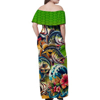 Bass Fishing Family Matching Off Shoulder Maxi Dress and Hawaiian Shirt Tropical Explosion Angler Design - Wonder Print Shop