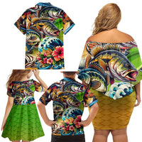 Bass Fishing Family Matching Off Shoulder Short Dress and Hawaiian Shirt Tropical Explosion Angler Design - Wonder Print Shop