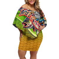 Bass Fishing Family Matching Off Shoulder Short Dress and Hawaiian Shirt Tropical Explosion Angler Design - Wonder Print Shop