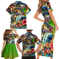 Bass Fishing Family Matching Short Sleeve Bodycon Dress and Hawaiian Shirt Tropical Explosion Angler Design - Wonder Print Shop