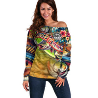 Bass Fishing Off Shoulder Sweater Tropical Explosion Angler Design - Wonder Print Shop
