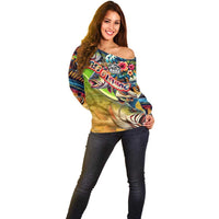 Bass Fishing Off Shoulder Sweater Tropical Explosion Angler Design - Wonder Print Shop