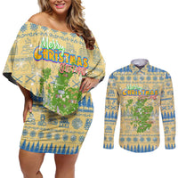 Merry Christmas Scotland Couples Matching Off Shoulder Short Dress and Long Sleeve Button Shirt Xmas Travel Map - Wonder Print Shop