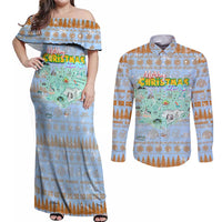 Merry Christmas Iceland Couples Matching Off Shoulder Maxi Dress and Long Sleeve Button Shirt Xmas Travel Map - Wonder Print Shop