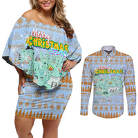 Merry Christmas Iceland Couples Matching Off Shoulder Short Dress and Long Sleeve Button Shirt Xmas Travel Map - Wonder Print Shop