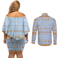 Merry Christmas Iceland Couples Matching Off Shoulder Short Dress and Long Sleeve Button Shirt Xmas Travel Map - Wonder Print Shop