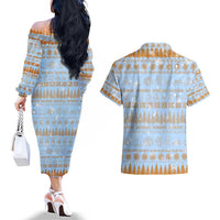 Merry Christmas Iceland Couples Matching Off The Shoulder Long Sleeve Dress and Hawaiian Shirt Xmas Travel Map - Wonder Print Shop