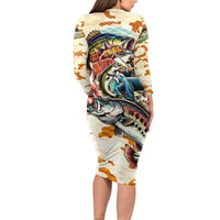 Bass Fishing Reel Cool Dad Family Matching Long Sleeve Bodycon Dress and Hawaiian Shirt Tropical Vintage