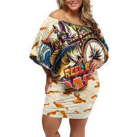 Bass Fishing Reel Cool Dad Off Shoulder Short Dress Tropical Vintage