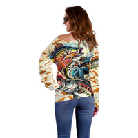 Bass Fishing Reel Cool Dad Off Shoulder Sweater Tropical Vintage