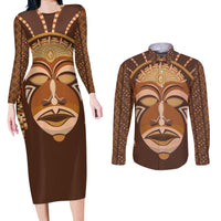 African Women Couples Matching Long Sleeve Bodycon Dress and Long Sleeve Button Shirt Tribal Ethnic Mask - Wonder Print Shop
