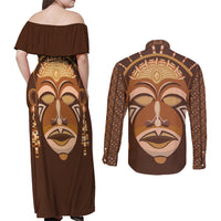 African Women Couples Matching Off Shoulder Maxi Dress and Long Sleeve Button Shirt Tribal Ethnic Mask - Wonder Print Shop