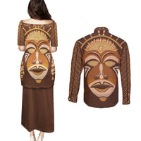 African Women Couples Matching Puletasi and Long Sleeve Button Shirt Tribal Ethnic Mask - Wonder Print Shop