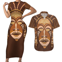 African Women Couples Matching Short Sleeve Bodycon Dress and Hawaiian Shirt Tribal Ethnic Mask - Wonder Print Shop