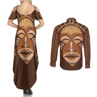 African Women Couples Matching Summer Maxi Dress and Long Sleeve Button Shirt Tribal Ethnic Mask - Wonder Print Shop