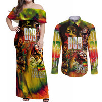 The Legend of Reggae Couples Matching Off Shoulder Maxi Dress and Long Sleeve Button Shirt Bob One Love Colorful Art