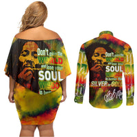The Legend of Reggae Couples Matching Off Shoulder Short Dress and Long Sleeve Button Shirt Bob One Love Colorful Art