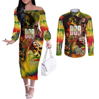 The Legend of Reggae Couples Matching Off The Shoulder Long Sleeve Dress and Long Sleeve Button Shirt Bob One Love Colorful Art