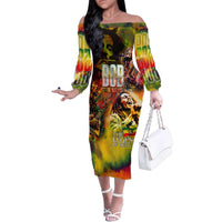 The Legend of Reggae Family Matching Off The Shoulder Long Sleeve Dress and Hawaiian Shirt Bob One Love Colorful Art