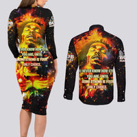 Bob King Of Reggae Couples Matching Long Sleeve Bodycon Dress and Long Sleeve Button Shirt Rastafari Lion - You Never Know How Strong You Are