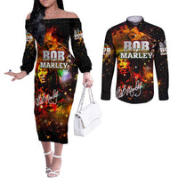 Bob King Of Reggae Couples Matching Off The Shoulder Long Sleeve Dress and Long Sleeve Button Shirt Rastafari Lion - You Never Know How Strong You Are