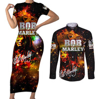 Bob King Of Reggae Couples Matching Short Sleeve Bodycon Dress and Long Sleeve Button Shirt Rastafari Lion - You Never Know How Strong You Are