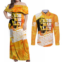 Legend Bob Reggae Couples Matching Off Shoulder Maxi Dress and Long Sleeve Button Shirt One Love One Heart Tropical Leaf