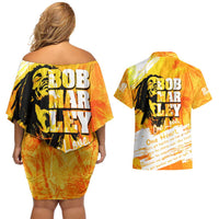 Legend Bob Reggae Couples Matching Off Shoulder Short Dress and Hawaiian Shirt One Love One Heart Tropical Leaf